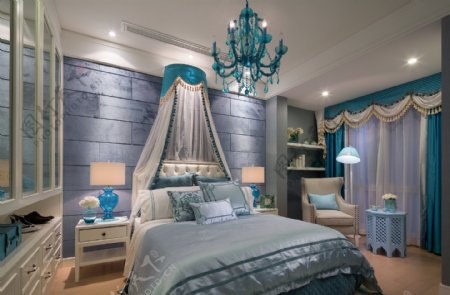 现代时尚卧室蓝色床罩室内装修效果图