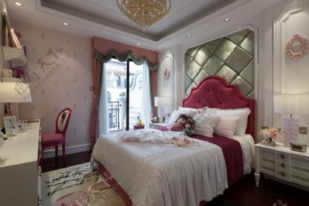 现代时尚卧室玫红色床头室内装修效果图