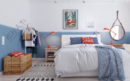现代时尚海洋风格卧室蓝白背景墙室内装修图