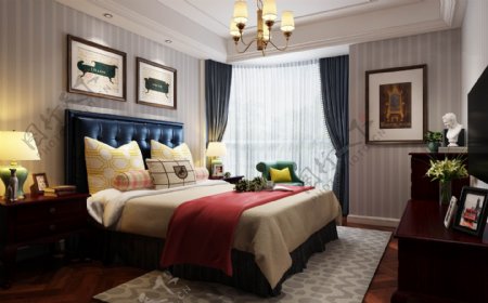 美式清新卧室深蓝色床头室内装修效果图