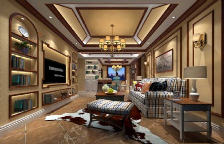 欧式轻奢客厅素色条纹沙发室内装修效果图