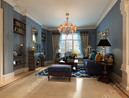 美式清新客厅深蓝色格子地毯室内装修效果图