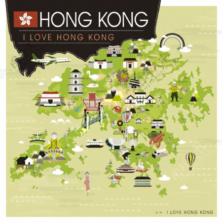 卡通时尚香港旅行地图
