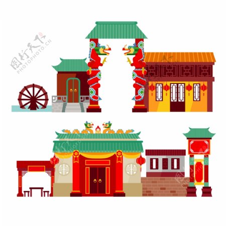 中式传统牌坊建筑插画