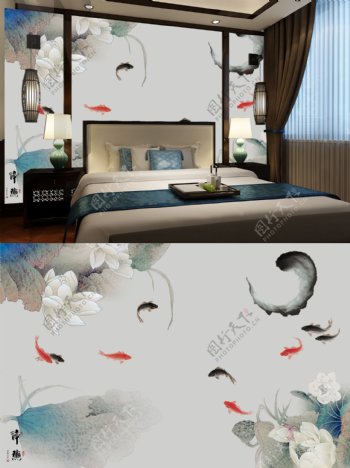 传统中式金鱼卧室背景墙