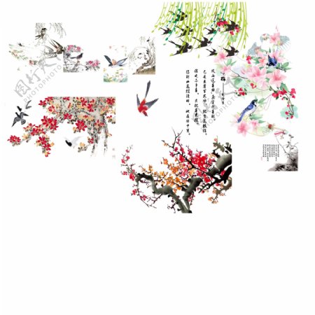 燕子花朵装饰元素设计