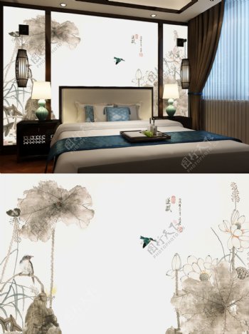 中式水墨国画荷叶卧室背景墙