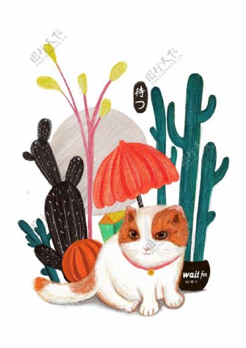 彩绘卡通植物花猫素材
