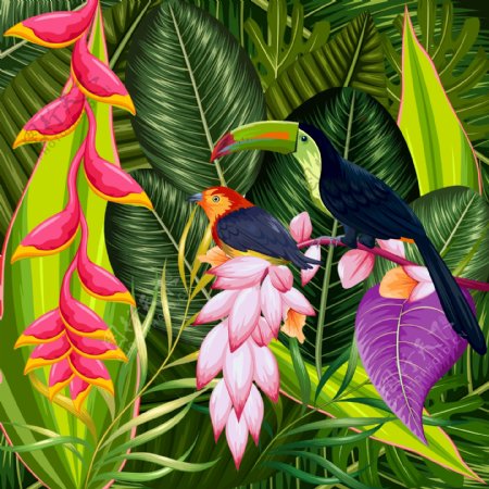 热带花丛中的小鸟插画