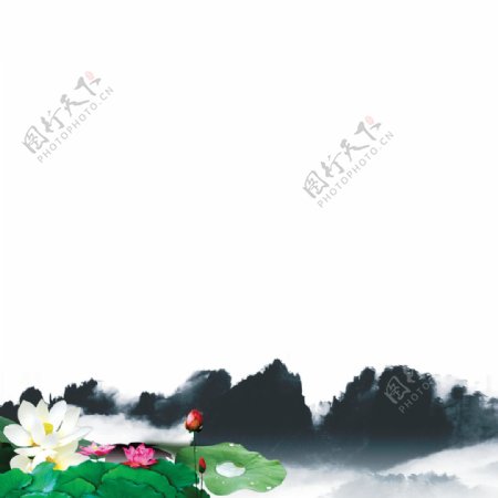 中国风夏季荷花水墨山水装饰元素