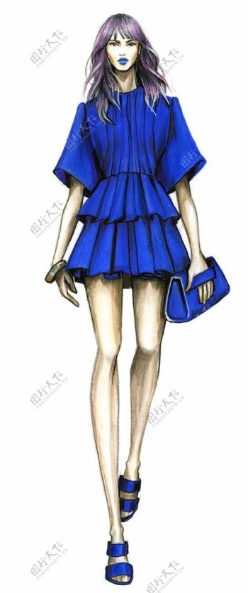 时尚潮流宝蓝色荷叶裙女装效果图