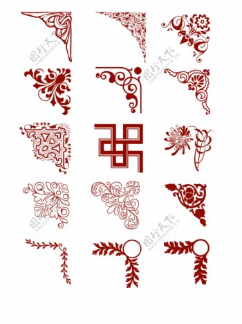 中国红欧式花纹边角元素