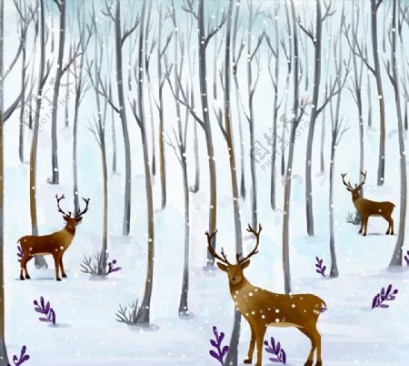 水彩绘森林里的3只驯鹿矢量图