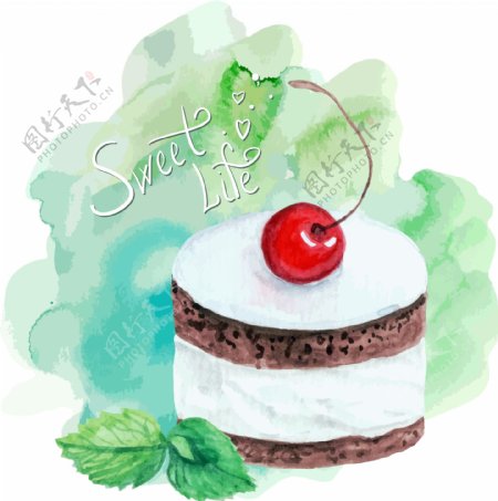 水彩绘美味的樱桃蛋糕插画