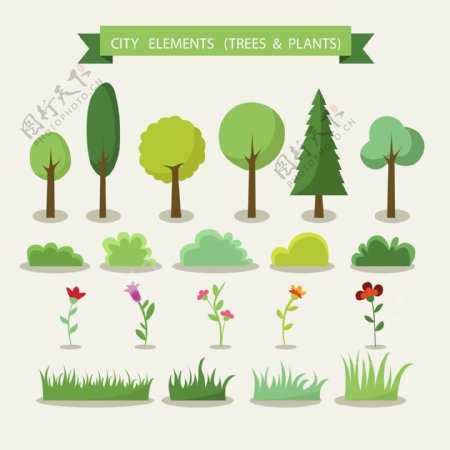 卡通绿色城市树木和植物