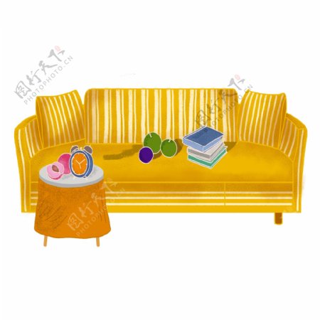 黄色长沙发和放着闹钟的小茶几原创元素