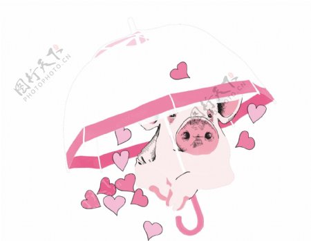 手绘卡通粉色小猪打伞元素