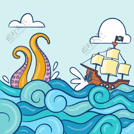 卡通大海里行驶的帆船插画