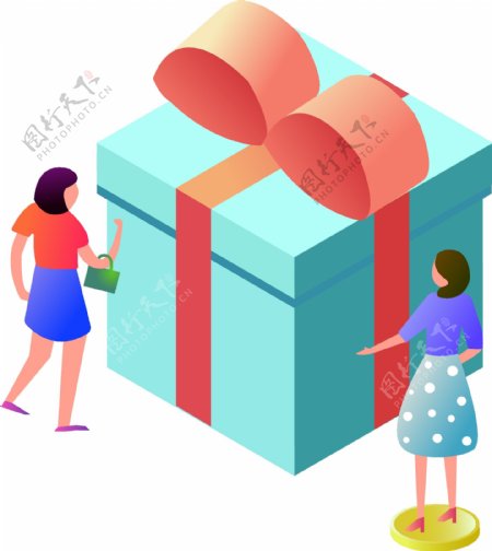 2.5D美女看红色蝴蝶结装饰的蓝色礼物盒