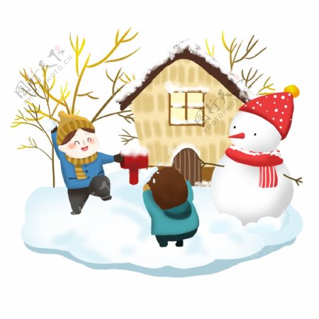 冬季打雪仗卡通儿童可商用场景插画6