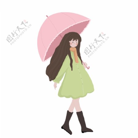 文艺女孩打着伞散步原创元素