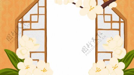 淡黄色小花映衬的中国古典花格窗户背景