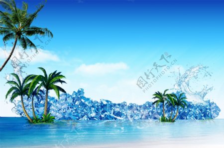 水冰块椰子树蓝色banner背景