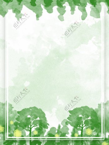 纯原创手绘水彩绿色森林和花朵风景背景