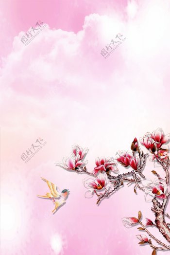 粉色水墨花枝小鸟背景素材