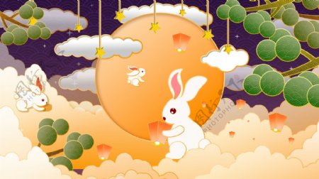 云彩中的月亮和小白兔卡通背景