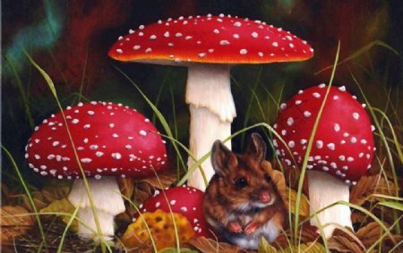 欧式复古蘑菇和金鼠油画无框画