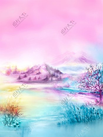紫蓝色中国风手绘山水背景图案