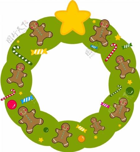 圣诞姜饼人糖果星星可爱矢量绿色花环