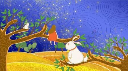 白色小兔子和坐在树枝上的女孩蓝色卡通背景