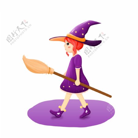 手绘风卡通可爱万圣节那魔法扫帚的小巫女