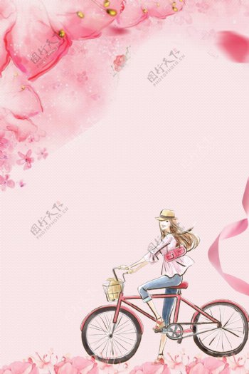 唯美粉色花瓣自行车女孩背景素材