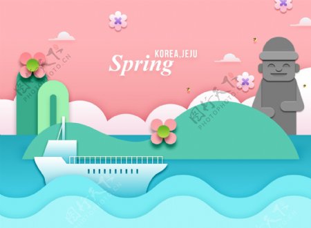 创意韩式春天主题卡通立体花朵建筑海报