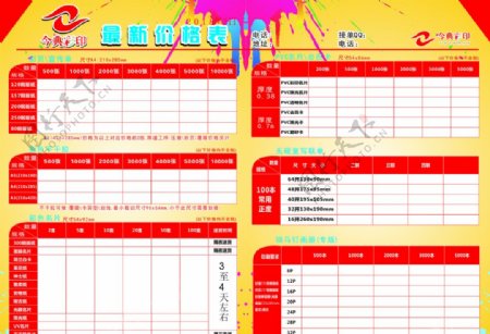 印刷厂产品价目表图文店价目表