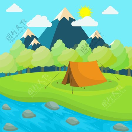 手绘在河边搭帐篷后面有山峰插画