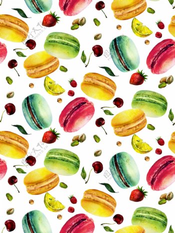 水彩绘马卡龙和水果