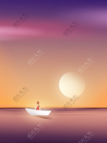 紫色唯美夕阳小船背景