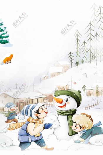 彩绘大雪节气堆雪人背景素材
