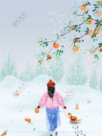 冬季雪地里的女孩与狗背景设计