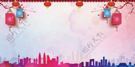 水彩中国风2019新年年会背景设计