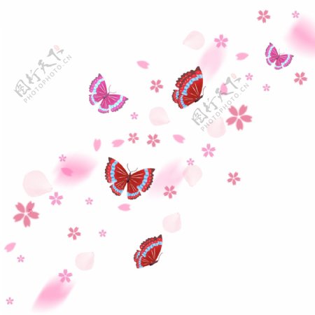 漂浮粉色清新混合蝴蝶树叶花瓣装饰手绘