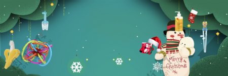 雪人唯美绿色圣诞快乐banner背景