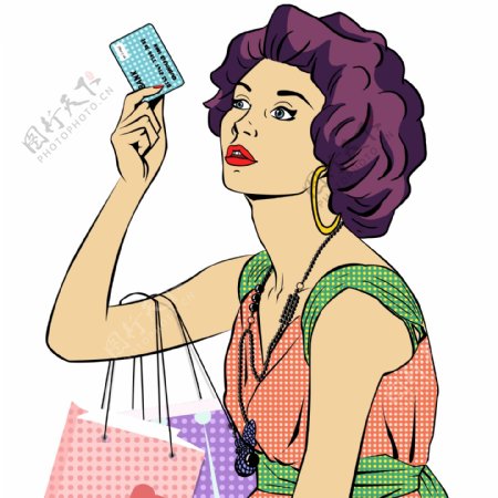 复古波普风拿着信用卡购物的女性可商用元素