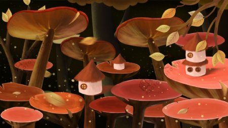 创意手绘蘑菇上的建筑物背景素材