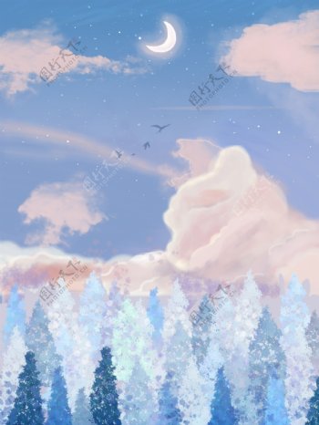 冬季蓝天白云树林风景背景