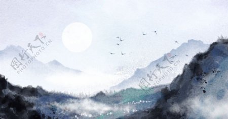 中国风青色水墨山水背景插画